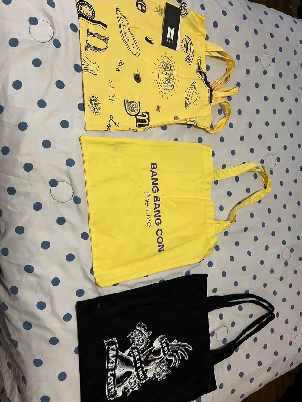 BTS Official DNA, Fake Love and Bang Bang Con Tote Bags - Total of 3 tote bags